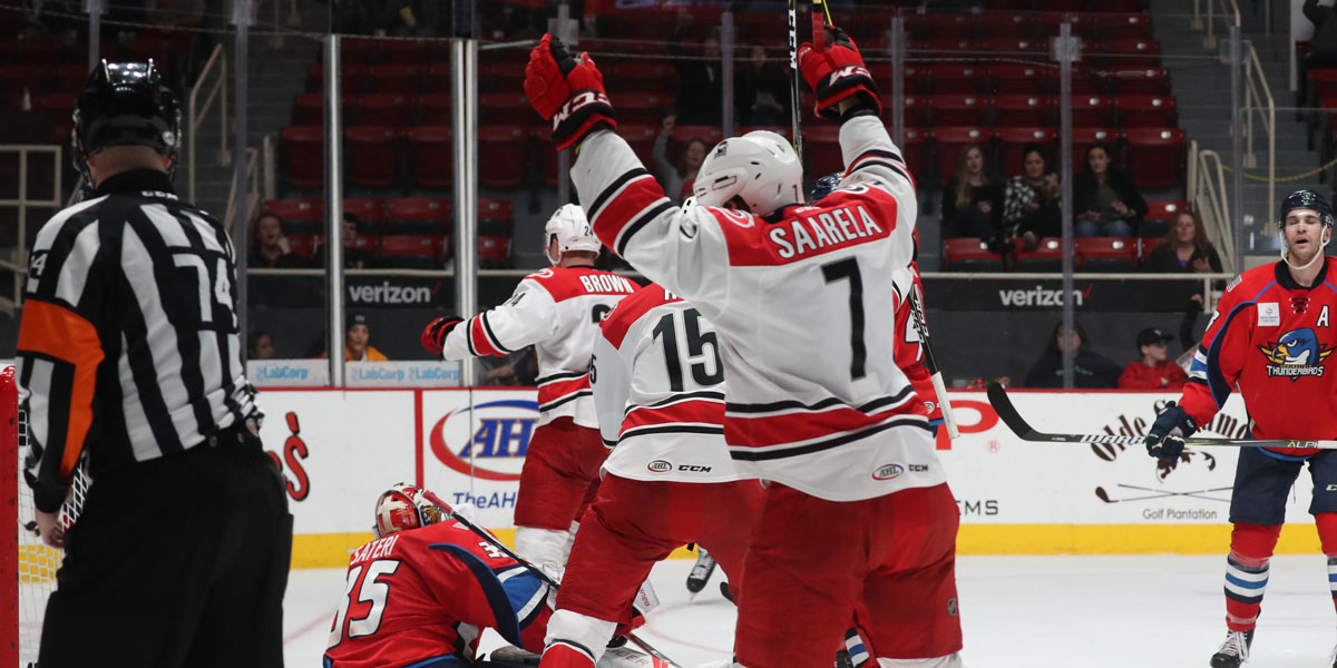 The Charlotte Checkers came back to defeat the Springfield Thunderbirds on a late goal by Aleksi Saarela